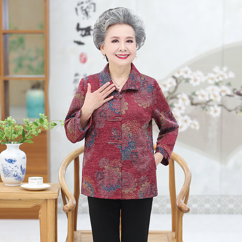 春秋穿的衣服中老年人衬衫长袖60-70岁奶奶开衫薄外套 红色(8812图案)