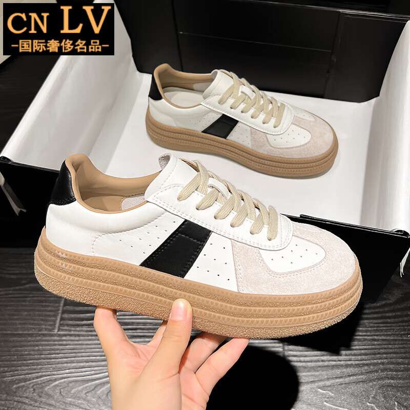 cnlv小白鞋女2024新款女鞋百搭鞋子夏季透气软皮德训厚底休闲运动板鞋