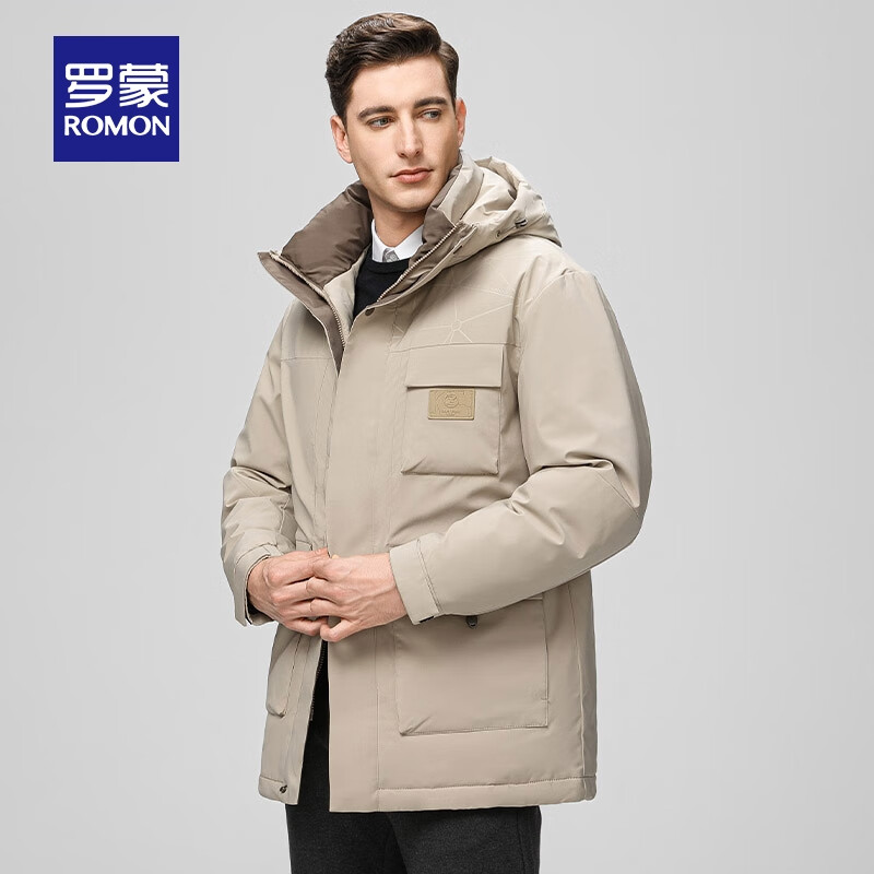 罗蒙鹅绒羽绒服男冬季新款中青年时尚潮流连帽保暖外套  卡其 L 175（建议115-130斤）
