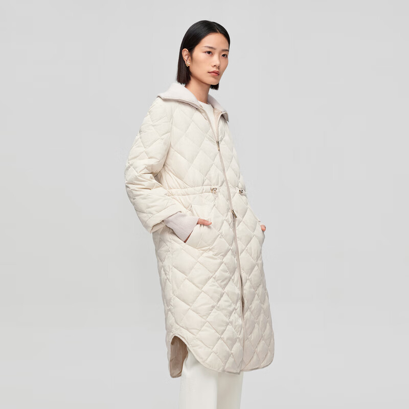 OVV秋冬热卖女装拼接收腰长款白鹅绒羽绒服 米白（净色）A3 S