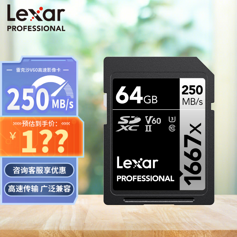 雷克沙（Lexar）64GB SD存储卡 U3 V60 4K数码相机内存卡 双排金手指（读250MB/s 写120MB/s）