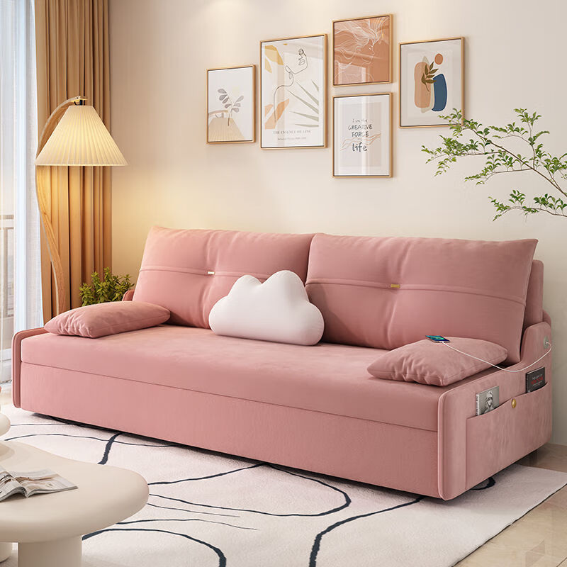 金木槿沙发奶油风沙发床两用一体抽拉式简易折叠床小户型可以多功能沙发 0618-02 奶黄色 外径1.66米海绵款【带储物】