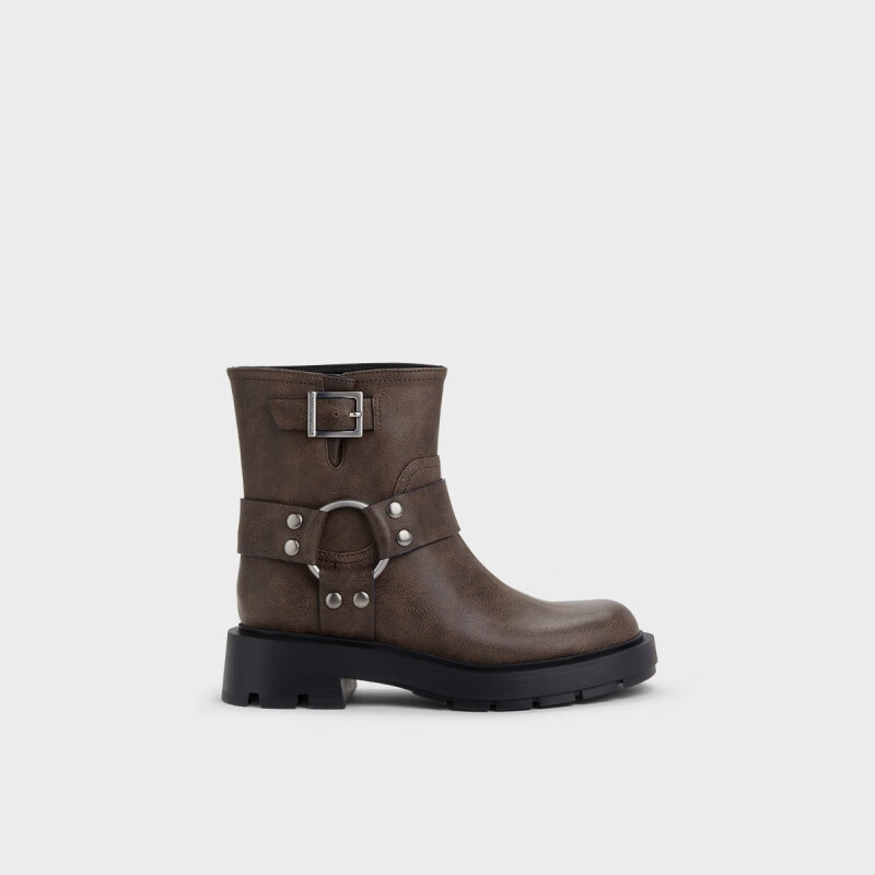 charles&keith复古搭扣圆头机车靴骑士短靴 ck1-90360399 dark brown