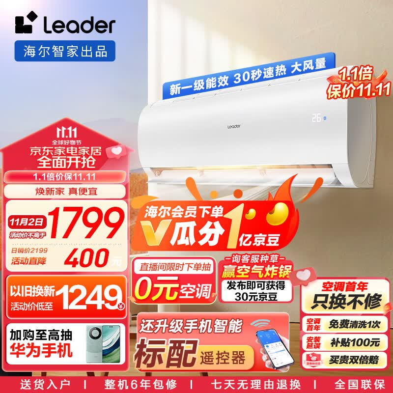 统帅空调（Leader）海尔智家 1.5匹挂机新一级变频 自清洁壁挂式空调KFR-35GW/02XCA81TU1以旧换新怎么看?
