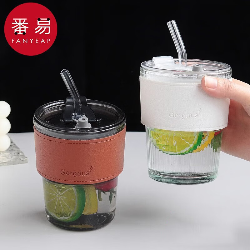 番易值吸管式杯子小巧便携带盖随手家用水杯咖啡杯高颜杯玻璃吸管杯 透明图案400ml 1套 400ml