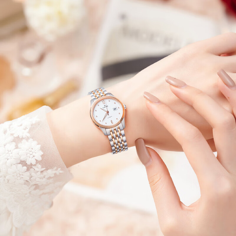 依波(EBOHR)手表女款大师系列自动机械女表优雅国表单历防水送女友七夕礼物 白盘间玫金钢带 51030124