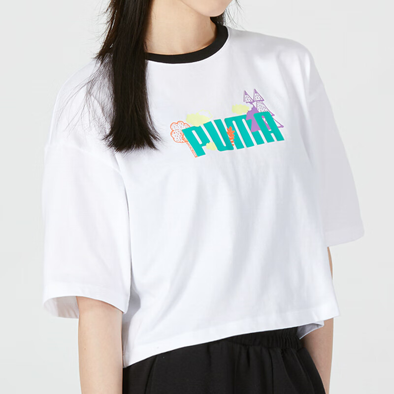 彪马(puma)女款t恤2022夏季新款休闲印花白t圆领针织短袖538772-02
