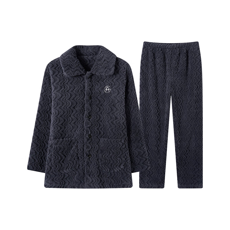 芬腾睡衣男士【加厚双面暖绒】秋冬季开衫翻领宽松保暖家居服套装 灰蓝 XL