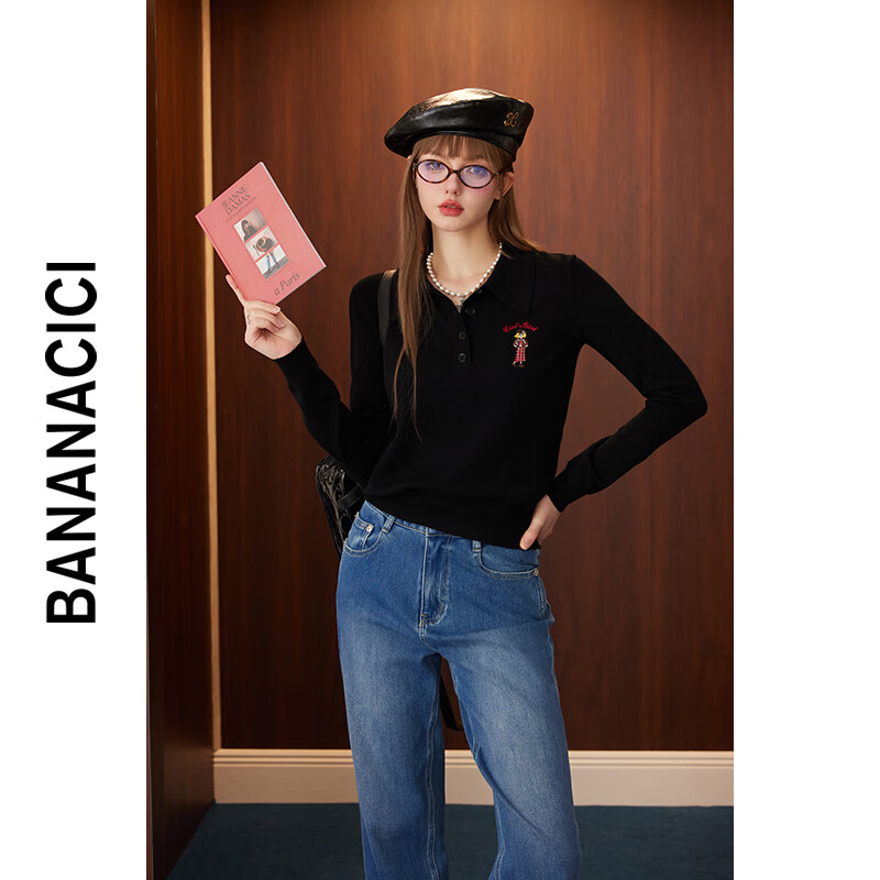 banana cici2024年秋季新款原创BC艺术家卡通刺绣POLO长袖针织衫C243MY094 黑色 L