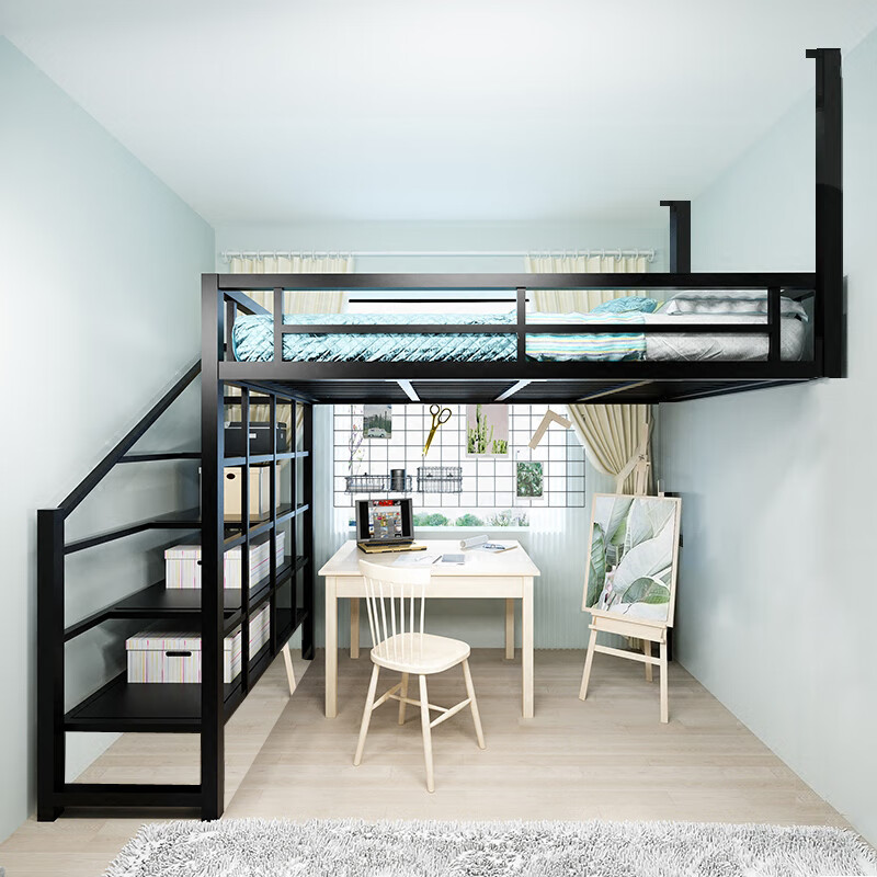铁艺高架床阁楼式悬吊床上下铺铁架床小户型吊床复式二楼床公寓 黑色b