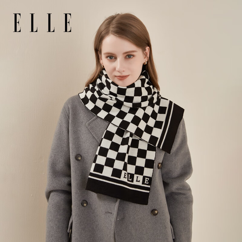 ELLE女士围巾棋盘格子羊毛针织围巾男秋冬保暖百搭黑白格提花围脖 黑白格