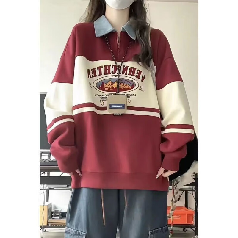 雷黛茜美式复古学院风拼色半拉链polo领卫衣女春秋慵懒韩系宽松上衣 红色加绒款 M