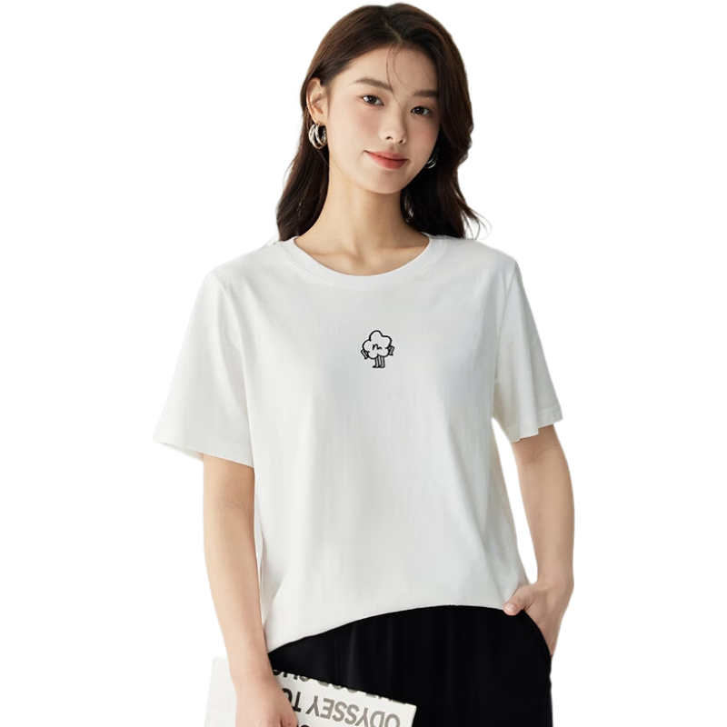 茵曼（INMAN）全棉印花舒适短袖白T恤女2025夏春秋基础百搭宽松休闲上衣 白色-印花 S