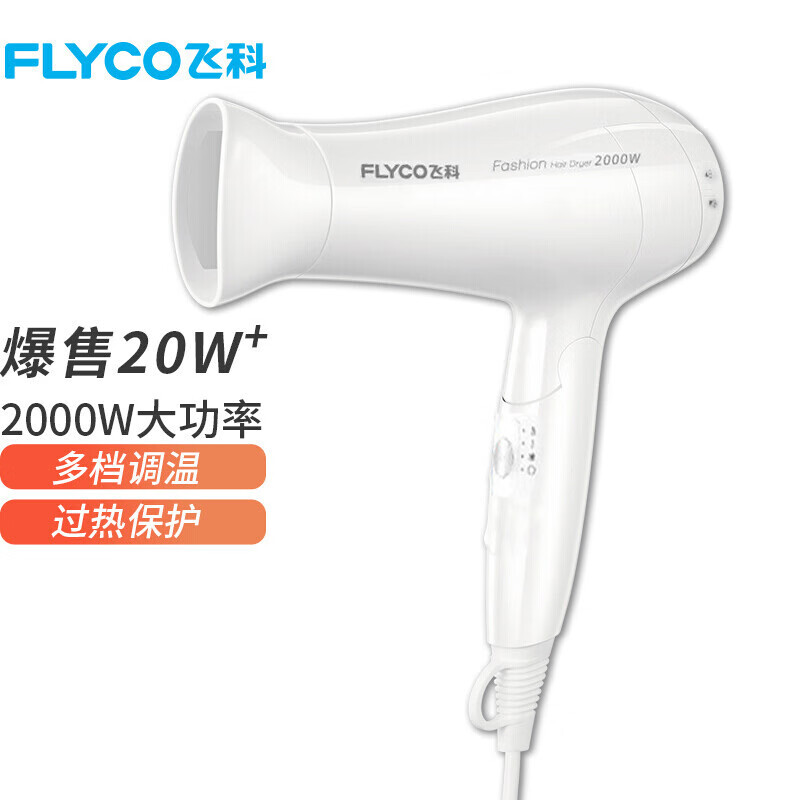 飞科（FLYCO）2000W电吹风机家用冷热风大功率不伤头发吹风筒强力大风可折叠电风吹恒温机吹飞便携 雅白【FH6232】