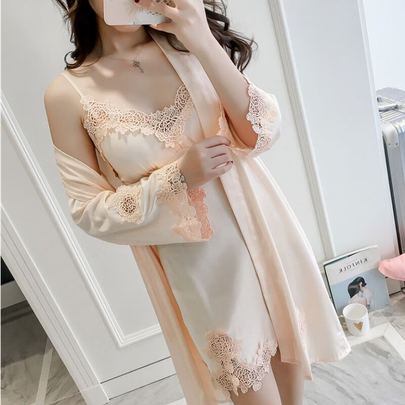 萌弘旦睡衣女性感蕾丝带胸垫仿真丝v领性感吊带睡裙睡袍两件套 槟色