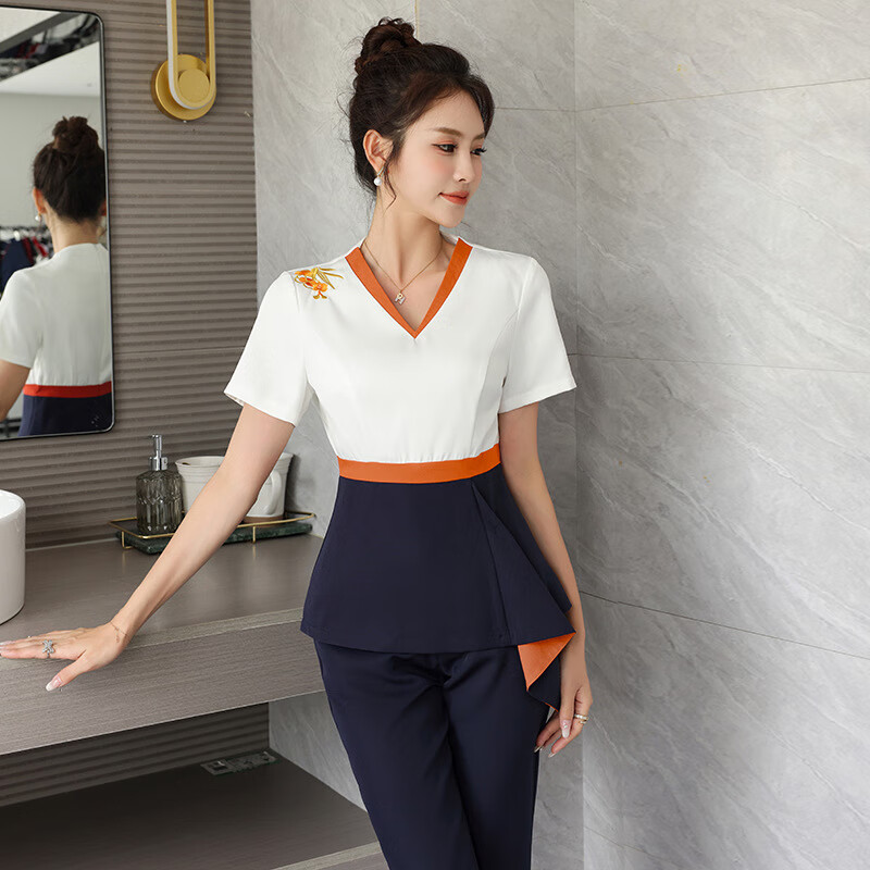 意钦环美容养身显瘦酒店ktv制服工作服足浴足疗技师服工衣 藏青 s