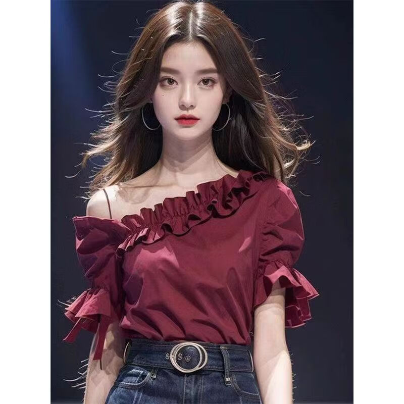 靚莎綺 復(fù)古設(shè)計感上衣女2025新款早春好看法式氣質(zhì)酒紅色斜肩短袖襯衫 酒紅色 S（建議80-100斤）