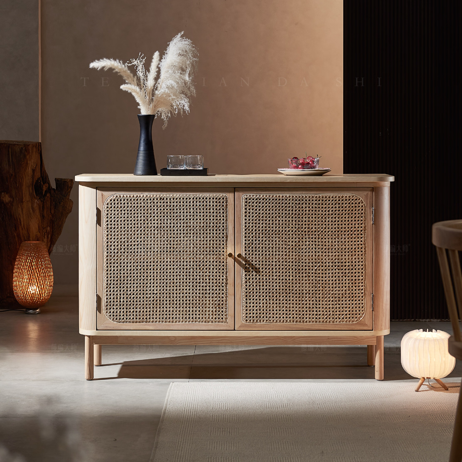 匠师日式原木风藤编餐边柜简约现代茶水柜小户型家用一体靠墙收纳柜子