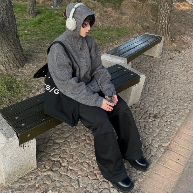 POUM毛衣男女开衫针织秋冬季宽松慵懒风连帽双拉链设计线衣保暖外套男 BNGYL-U80灰色 常规 L