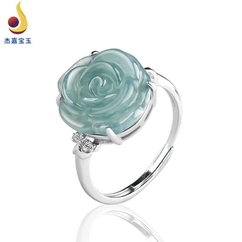 杰嘉宝玉A货翡翠蓝水玫瑰花戒指冰种玉石时尚指环女戒可调节带证书
