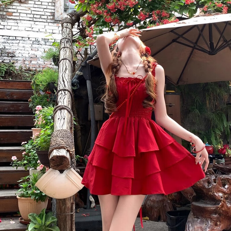 凌卡戚紅色吊帶連衣裙甜美小個子蛋糕裙富家千金小紅裙ins超仙森系 酒紅色 定制優(yōu)質(zhì)款 S 75-90斤