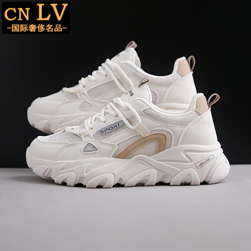 cnlv老爹鞋女夏2024新款女鞋百搭鞋子夏季透气网面厚底运动小白鞋高端