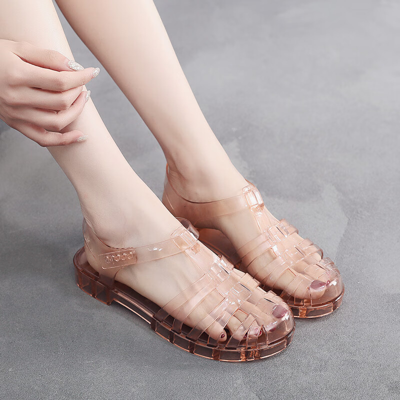 度凡尼斯塑料凉鞋女可以下水网红凉鞋女夏季洋气平底包头透气透明水晶 透明茶色 39 (鞋子偏小一码)