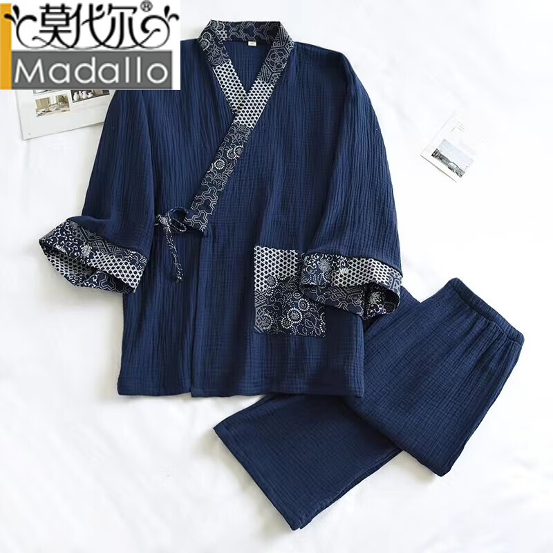 莫代尔日式简约和服纯棉纱布睡衣男士春秋大码200斤家居服长裤套装汉服 藏青色-拼接元素和服套装 M 建议140斤之内