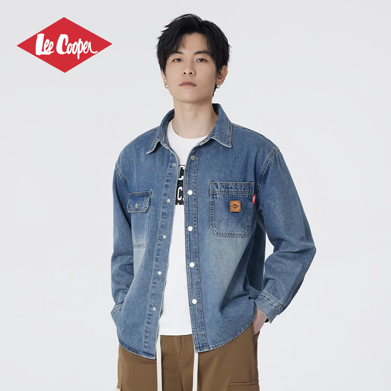 Lee Cooper/李库珀牛仔外套男春秋潮流痞帅高端美式街头宽松时尚百搭夹克男 绿灰色 XL (180)