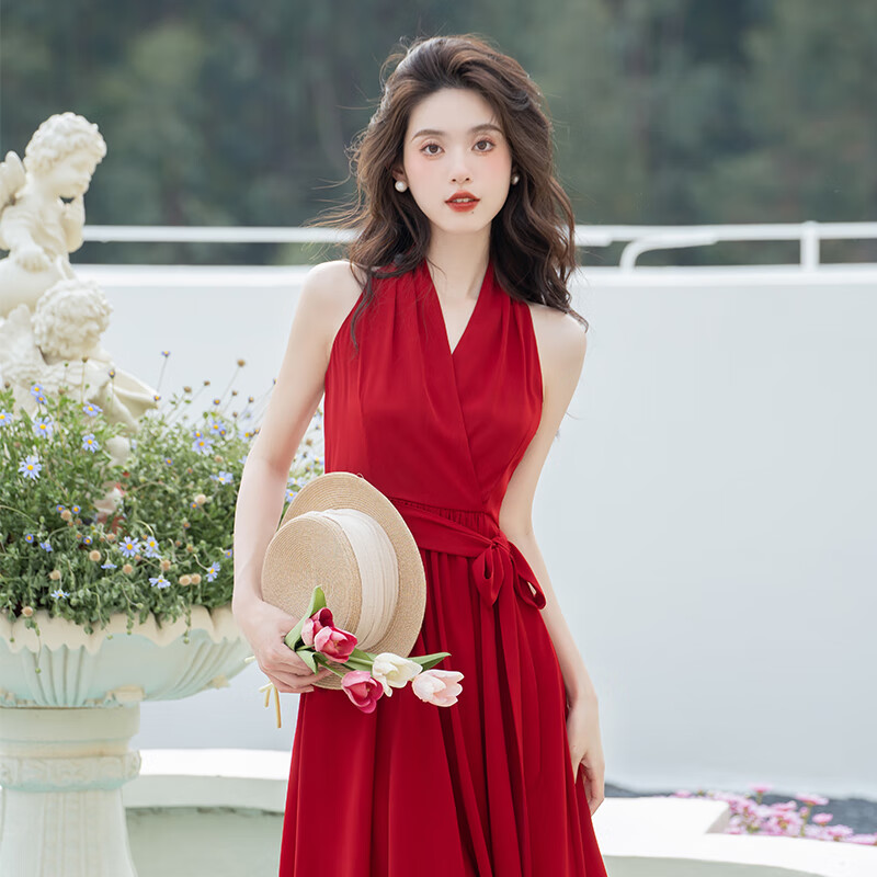 modx香港潮牌赫本红裙港风挂脖吊带连衣裙高冷御姐风气质女装感裙子女