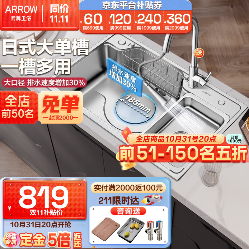 箭牌（ARROW）304不锈钢水槽 日式大口径单槽厨房洗菜盆台上盆大单槽 75*48超大口径单槽+冷热抽拉龙头使用感如何?