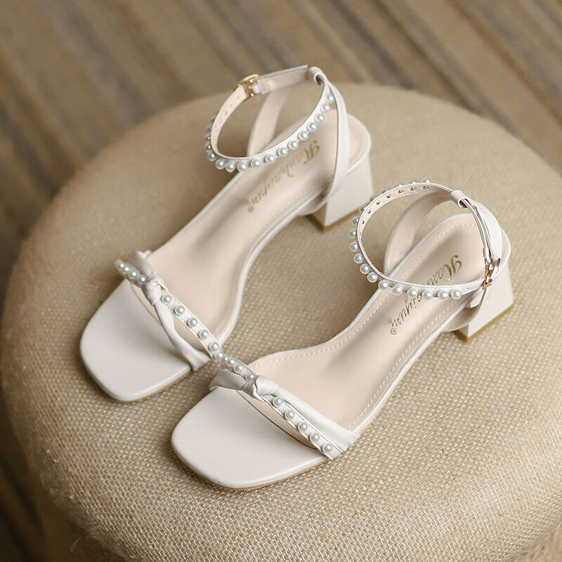 安源小子小码女鞋323334凉鞋夏天中跟女夏罗马露趾一字带珍珠31中粗跟