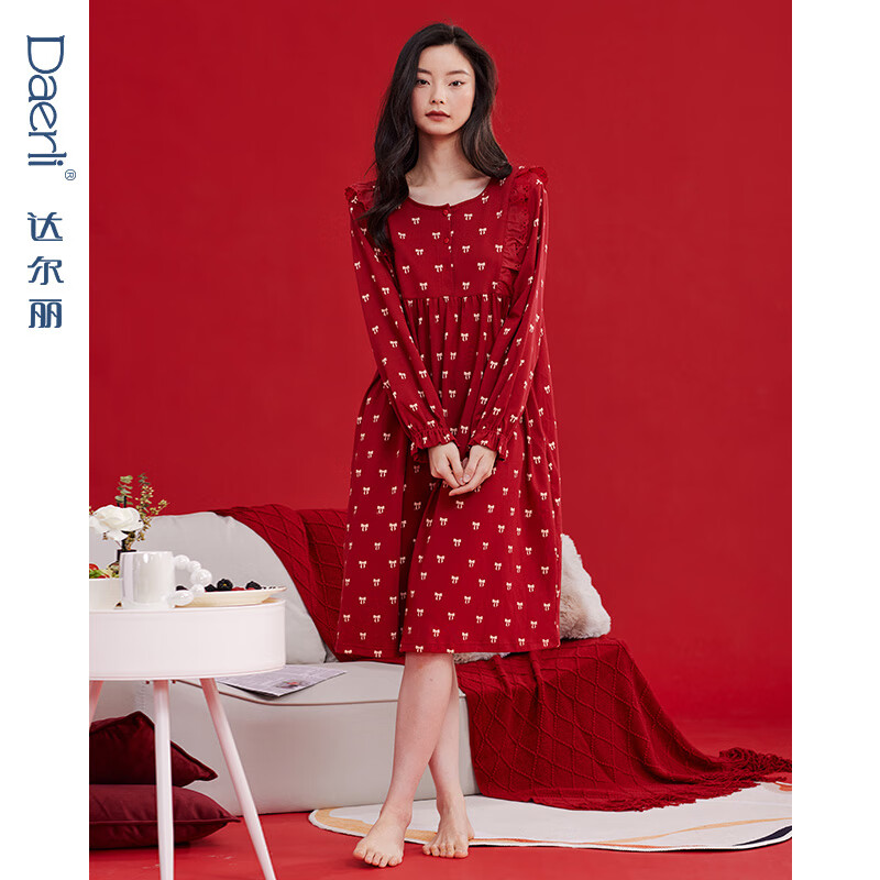 达尔丽红色睡裙女纯棉春秋圆领长袖中裙新款本命年甜美蝴蝶结印花连衣裙 T8246218-029-红色 2XL
