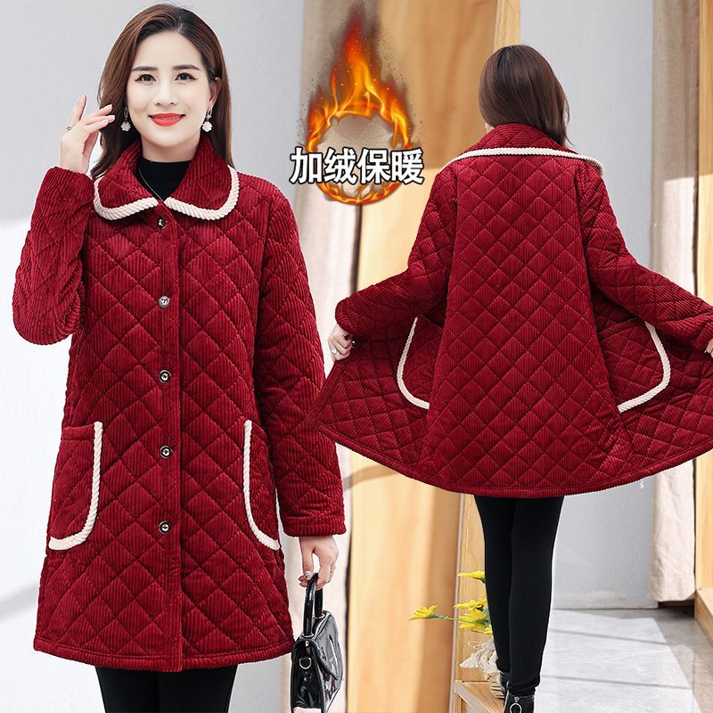 依若彤罩衣外套冬季加绒加厚长款中年女保暖棉衣工作服装棉袄 酒红色