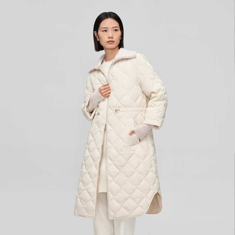 OVV秋冬热卖女装拼接收腰长款白鹅绒羽绒服 米白（净色）A3 S