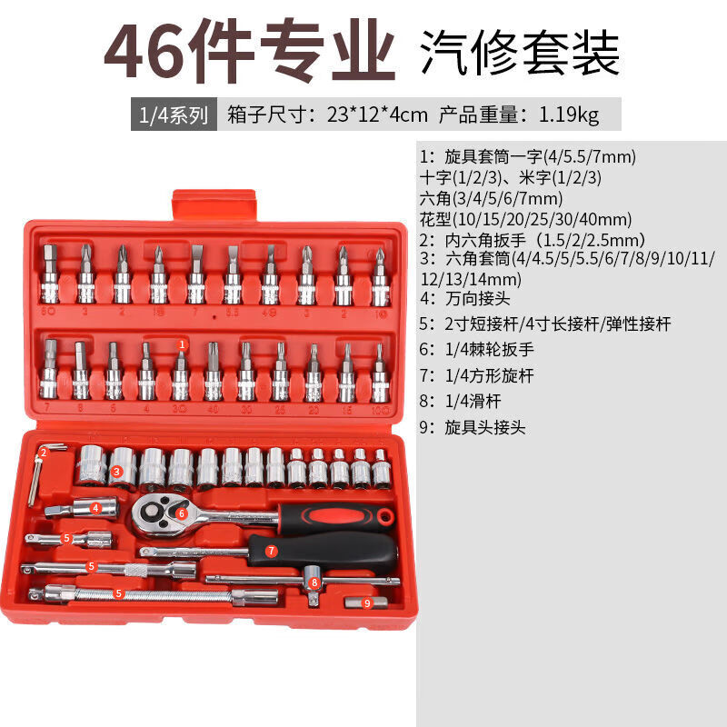 纖悉必具工具箱套裝汽車修車套筒全套組合汽修維修扳手棘輪修理發(fā)動(dòng)機(jī)維修 46件套裝[家用紅盒]