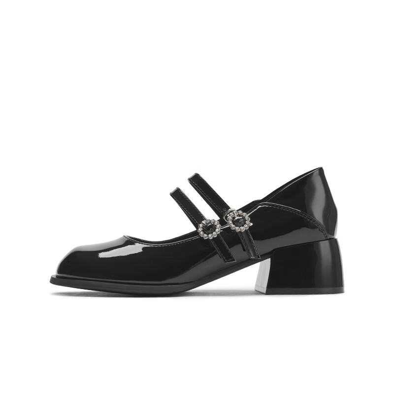 熱風(fēng)（Hotwind）粗跟瑪麗珍女款2025年春季新款復(fù)古紅色小皮鞋淺口氣質(zhì)單鞋雙十一 01黑色 35