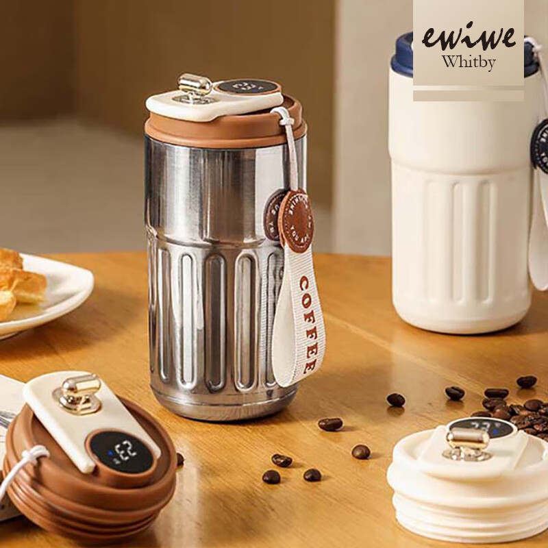EWIWE复古智能显温咖啡杯一键推盖质感咖啡杯带提绳不锈钢材质办公室杯 咖白配色/约430ml