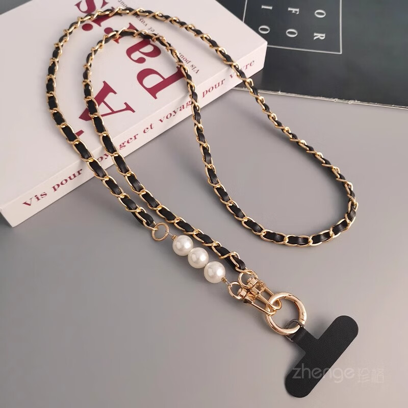 斜挎珍珠皮卡鏈?zhǔn)謾C(jī)掛繩女款ins小香風(fēng)長款掛脖背繩背帶手機(jī)殼通用吊繩金屬鏈條包包鏈包繩北歐風(fēng)手機(jī)繩新 斜挎款【黑色】珍珠皮卡鏈+黑色卡條+金色圓扣