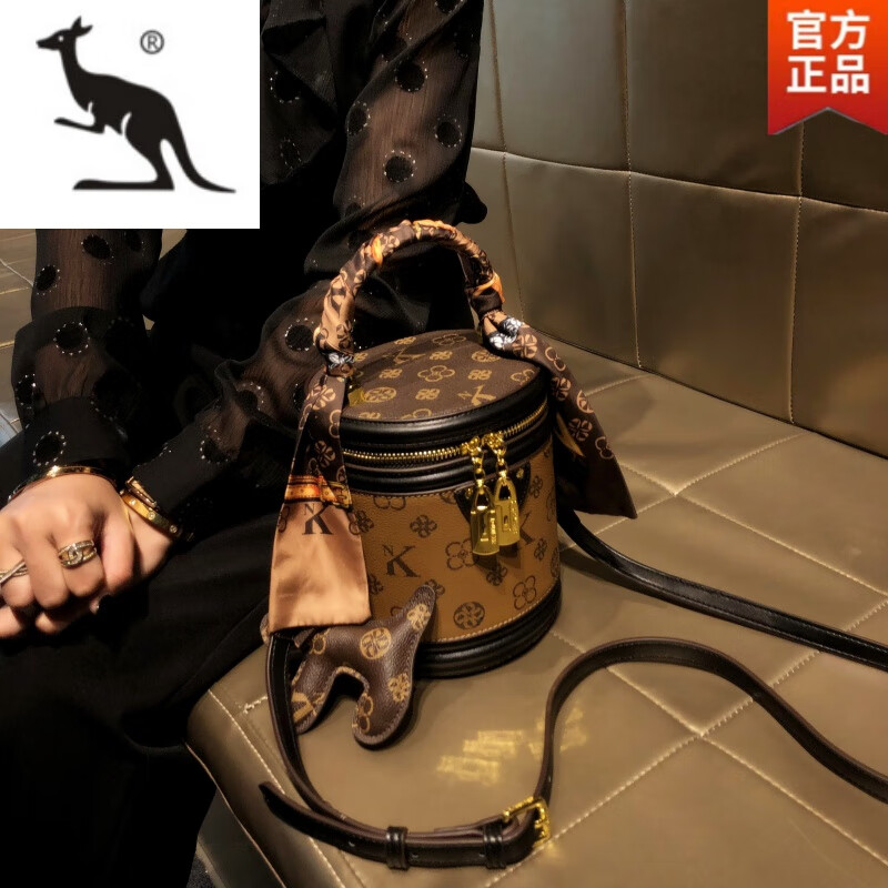 酷奇袋鼠香港品牌包包女士2024新款手提发财桶斜跨小包真皮单肩水桶包 NK/拼色大号