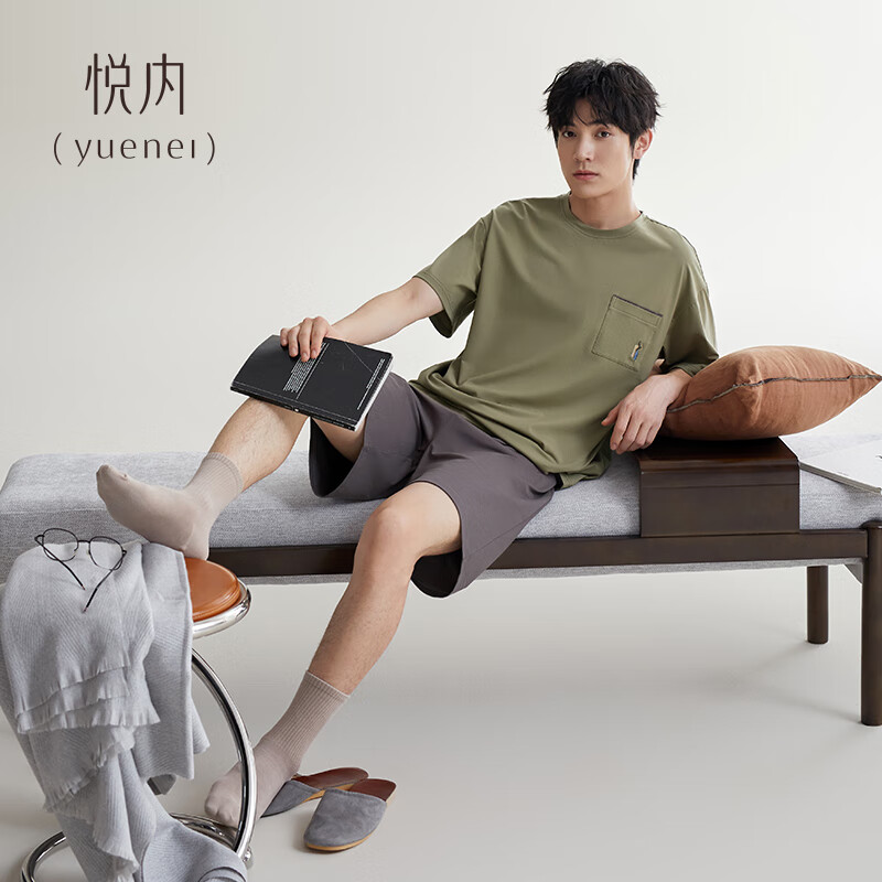 悦内【5A抑菌】睡衣男士夏季纯棉短袖短裤家居服男款夏天夏款休闲薄款 130013枯木绿 3XL (185) 【体重180-200斤】