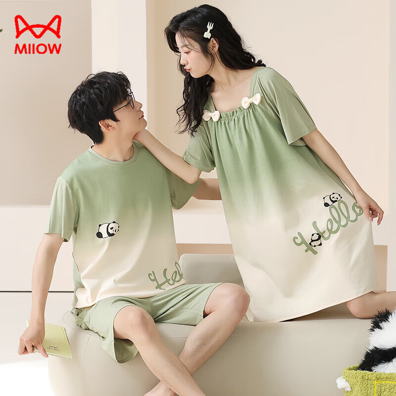貓人（MiiOW）睡衣情侶裝一男一女夏季純棉睡裙女情侶家居服可外穿短袖短褲套裝 主圖款LX：58392(G)58391(B)綠拼 L 【女】不起球 不褪色