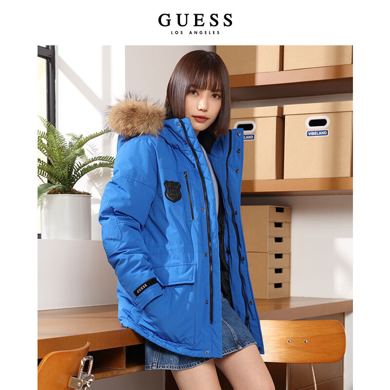 GUESS新秋女新中式派克貉子毛领连帽中长款工装式羽绒服-W2PL1M8105Z PSBL-蓝色 S