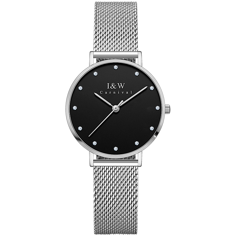 爱沃驰瑞士钻钉刻度纤薄时尚防水石英手表女士表七夕生日礼物送女友 银壳黑面|银网带