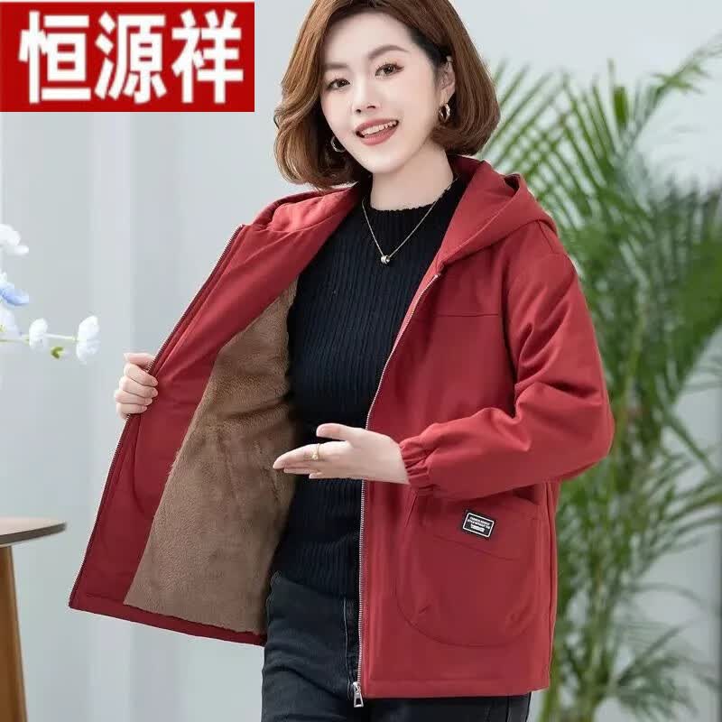 中年妈吗棉衣棉服女士韩版宽松加绒加厚秋冬百搭外套洋气上衣 深红色