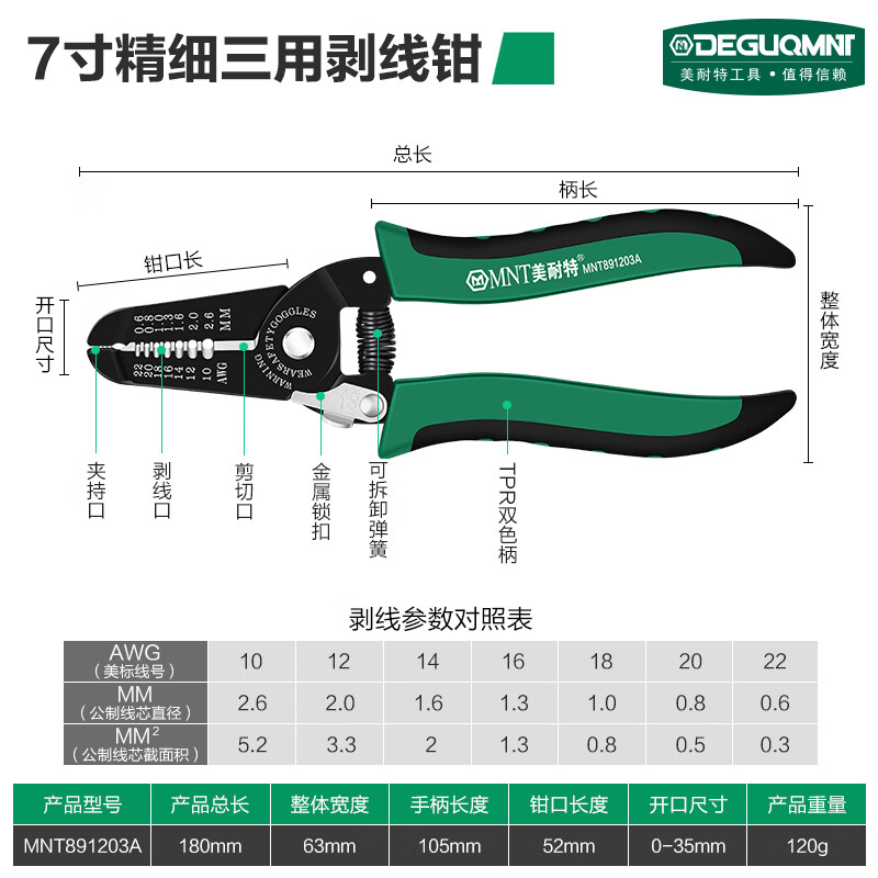 美耐特剝線鉗工具多功能電工剪線鉗剝電線皮家用電纜撥線端子鉗子 7寸孔粗孔A款剝線鉗 MNT891203A