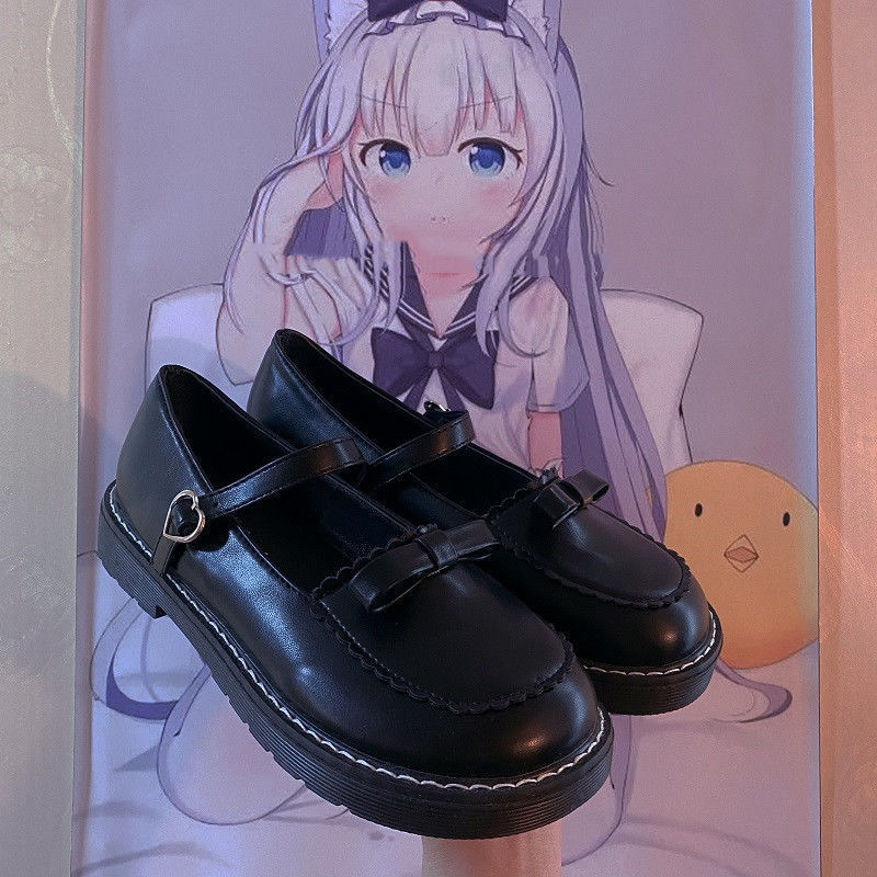 画柱日系小皮鞋女圆头可爱学生软妹制服大头娃娃鞋洛丽塔鞋子 黑色