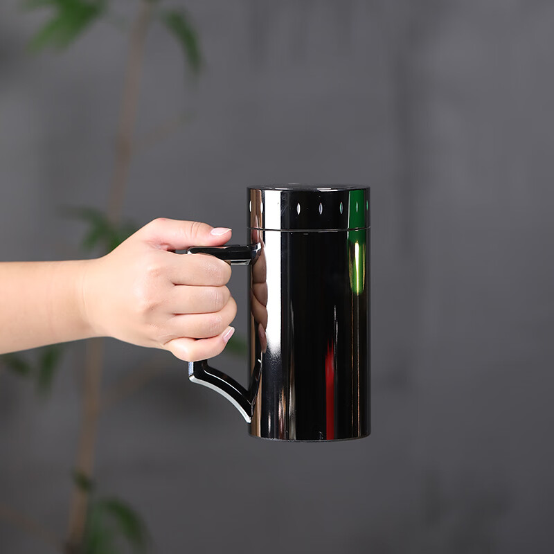 檀轩阁紫砂内胆泡茶保温杯紫砂茶杯男士装送父亲老师生日节日礼物可刻字 钛金色手把杯(皮盒装)420ml