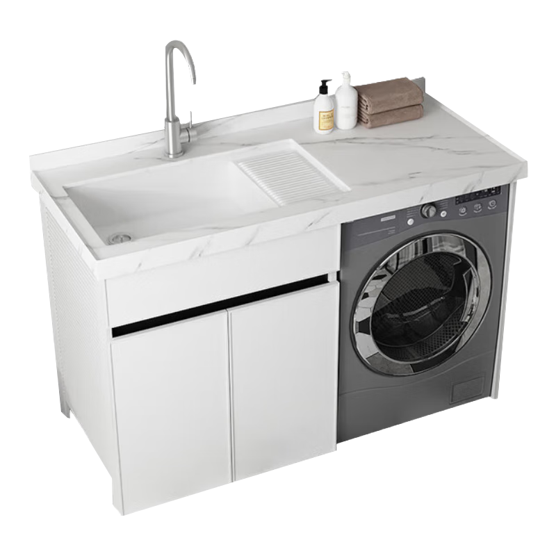 木夏經(jīng)年巖板太空鋁洗衣柜陽臺洗衣機組合柜可定制洗手盆柜組合帶搓板伴侶 1米珍珠白-魚肚白 左右盆備注