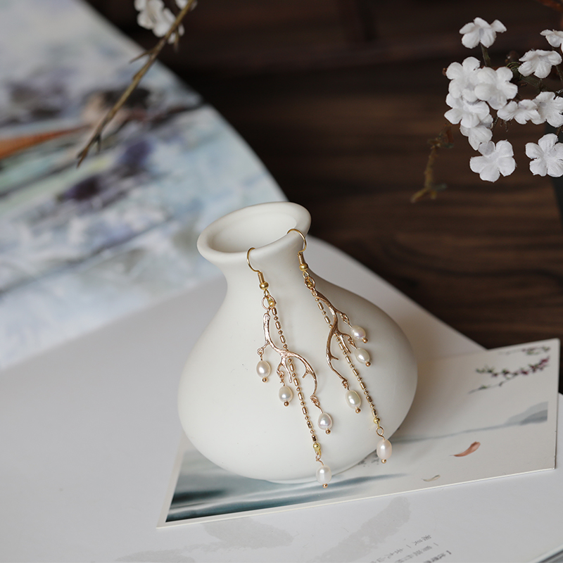 览日鸟悦己容手工古风耳环鹿角珍珠流苏耳坠汉服头饰中国风【鲛人泪】